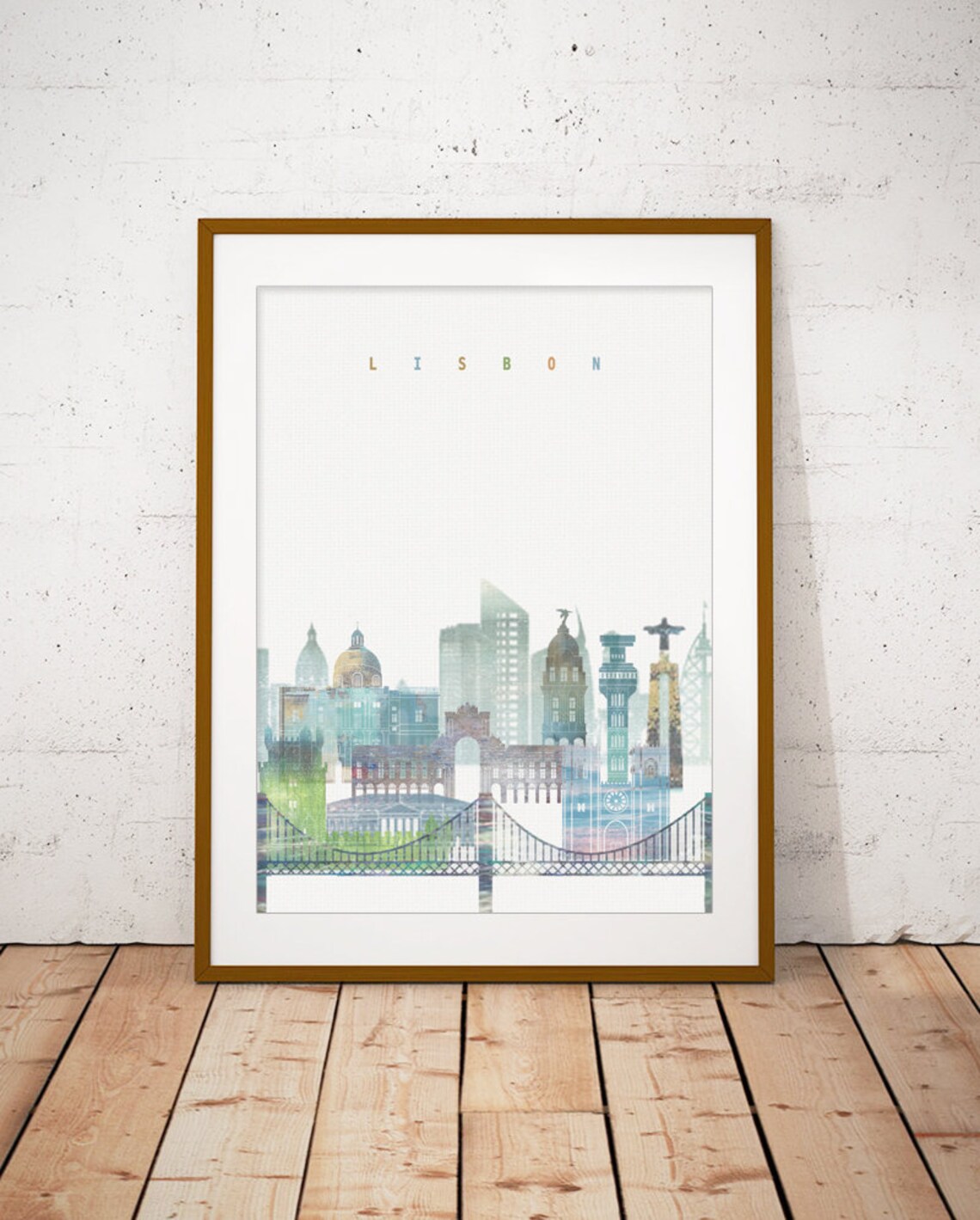 Lisbon Portugal Watercolor Skyline Suspension Bridge Cityscape Poster