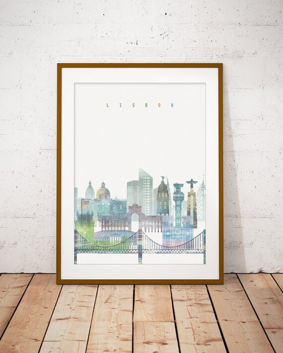 Lisbon Portugal Watercolor Skyline Suspension Bridge Cityscape Poster