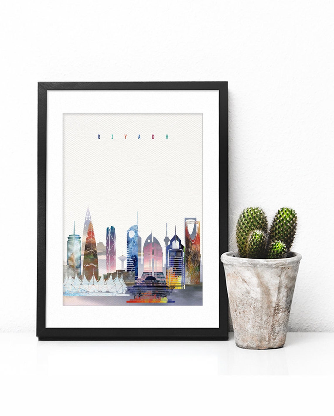 Riyadh Saudi Arabia Colorful Watercolor Tower Skyline Art Poster - Image 2