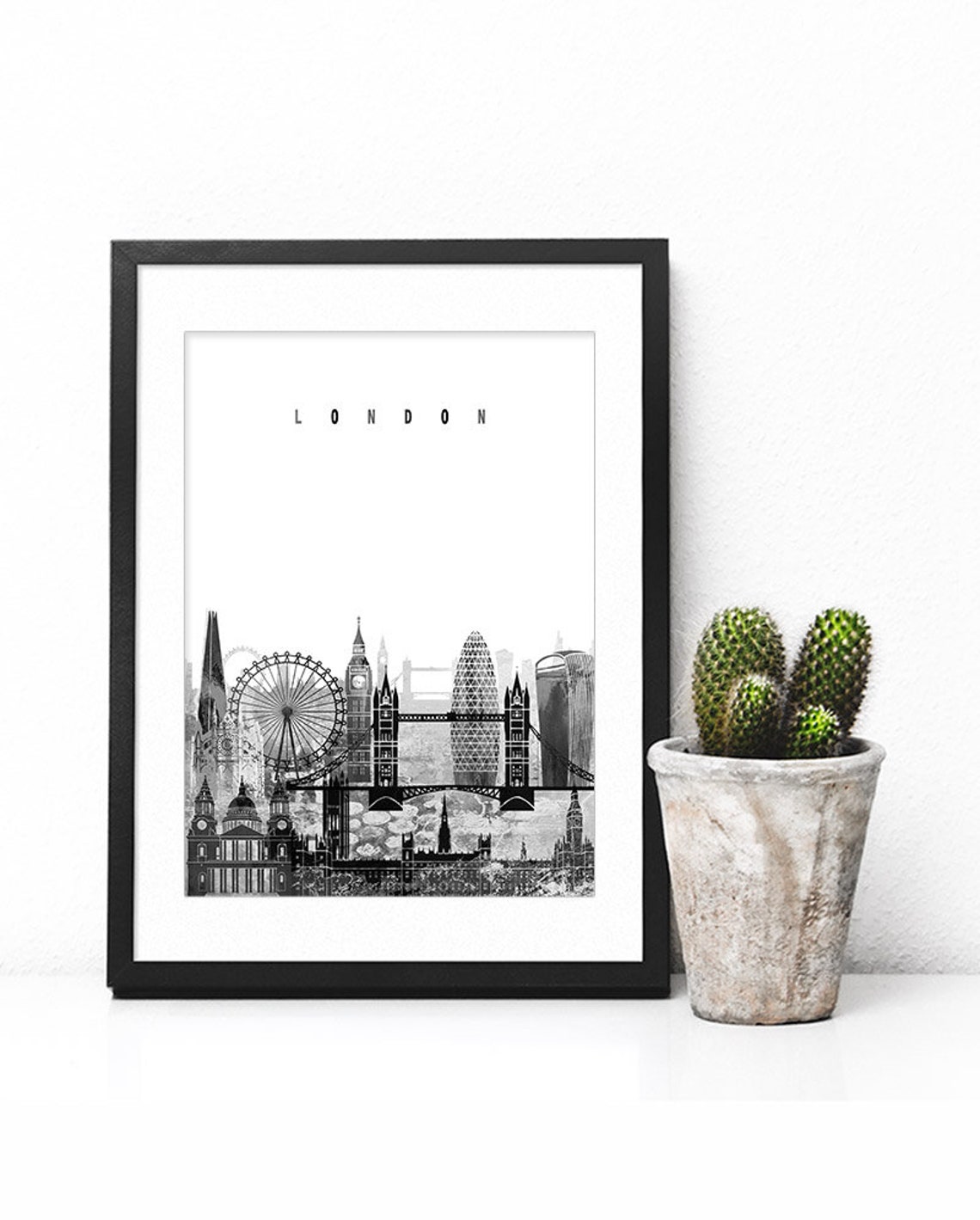 London England Big Ben Tower Bridge Black White Skyline Poster - Image 2