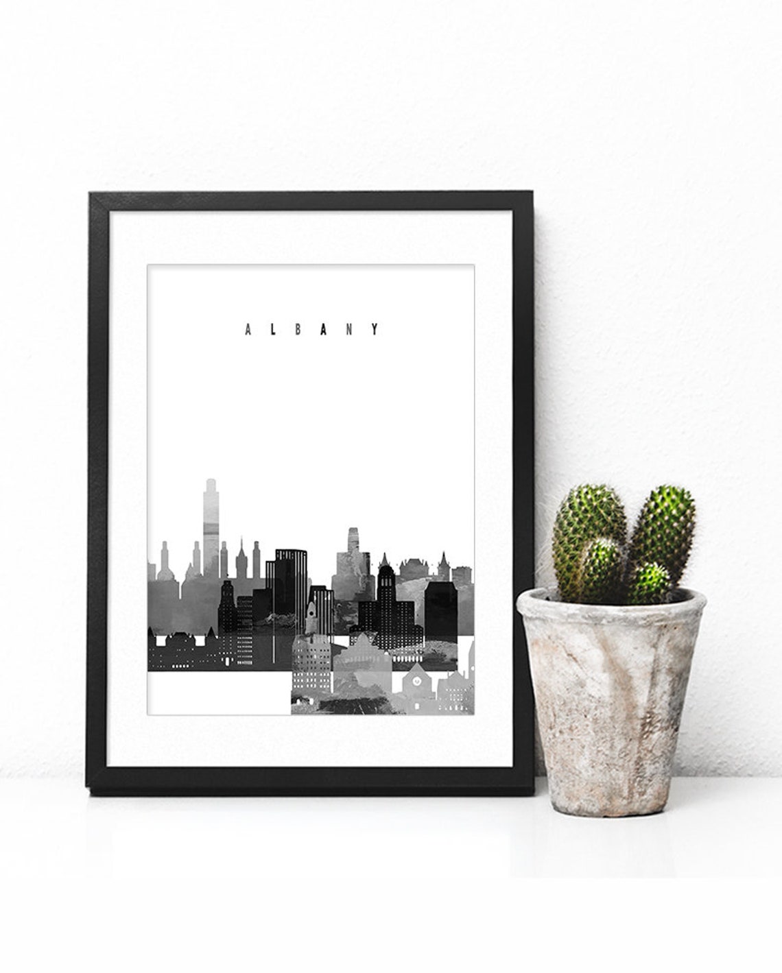 Albany Black and White Skyline Monochrome Minimalist Wall Art - Image 2