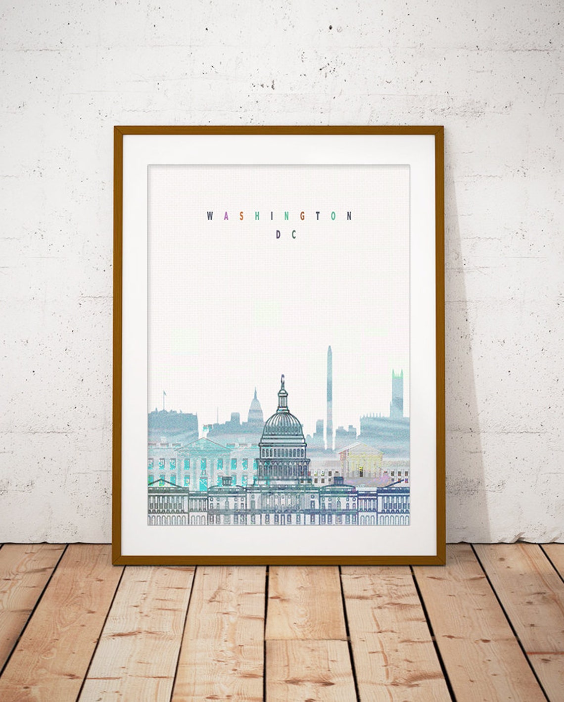 Washington DC Watercolor Skyline Capitol Dome Pastel Letter Poster