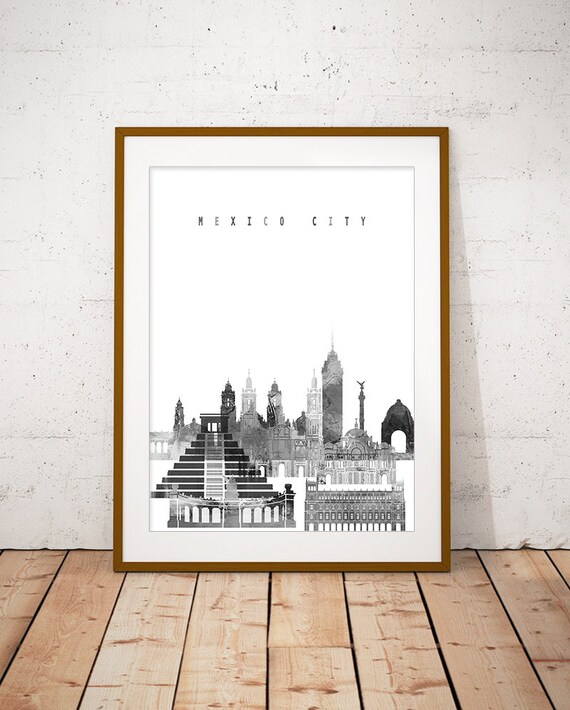 Mexico City Skyline Monochrome Watercolor Cityscape Art Poster
