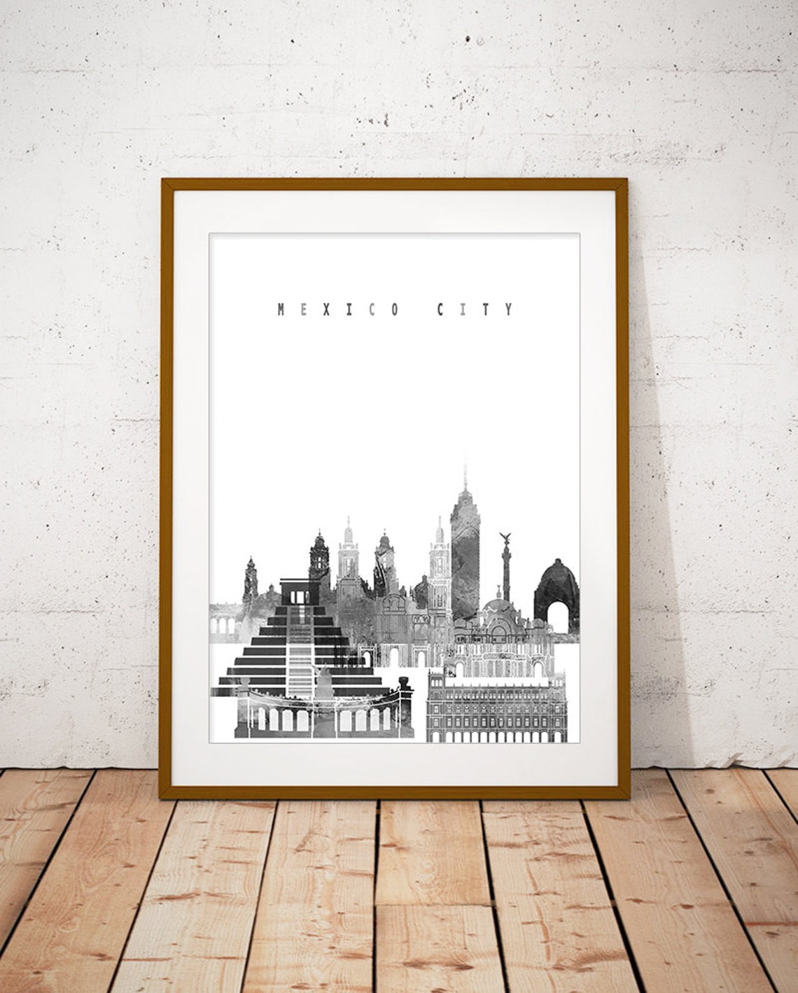 Mexico City Skyline Monochrome Watercolor Cityscape Art Poster