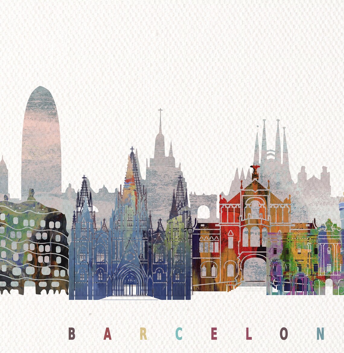 Barcelona Watercolor City Skyline Spain Sagrada Familia Print Modern - Image 2