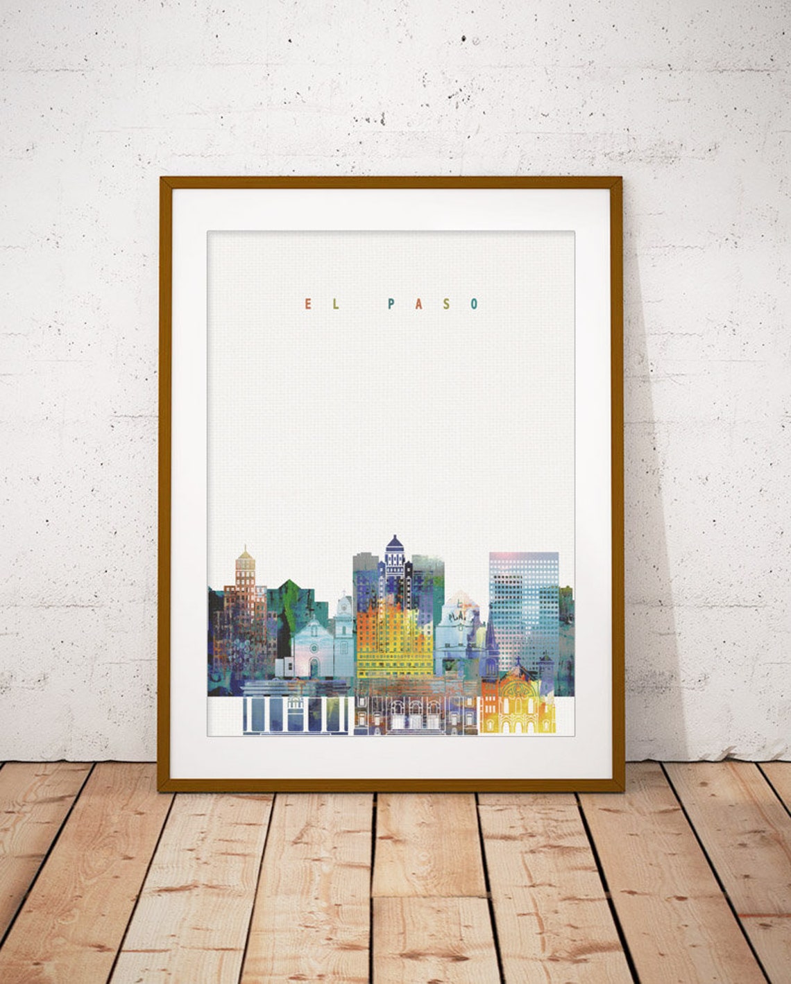 El Paso Texas Watercolor Skyline Downtown Border Cityscape Poster