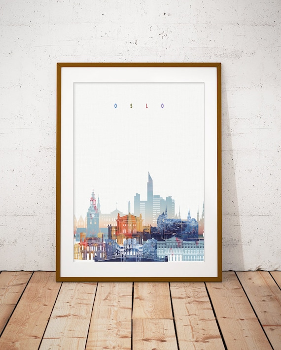 Oslo Norway Watercolor City Hall Fjord Skyline Art Modern Home Decor Poster