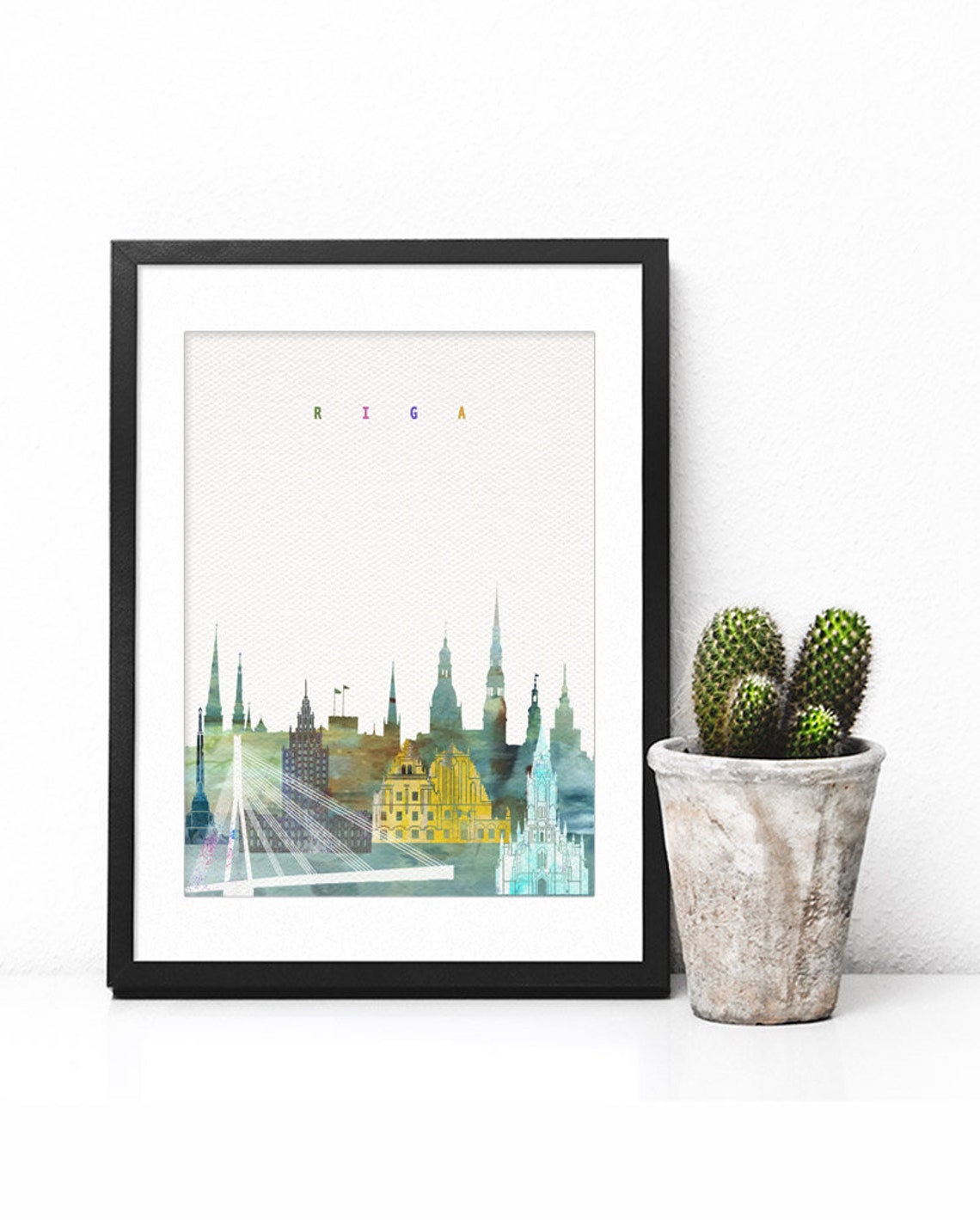 Riga Latvia Watercolor Skyline Spires Bridge Cityscape Poster - Image 2