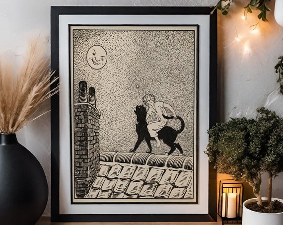 Vintage Cat and Moon Art Print, Art Nouveau Deco