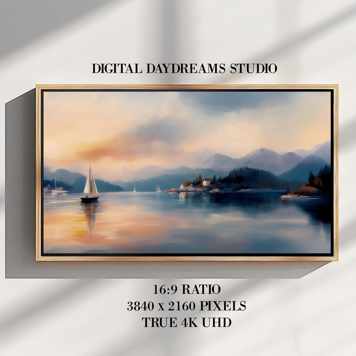 Tranquil Sailboats Sunset Calm Lake Mountains 4K Frame TV Art Poster