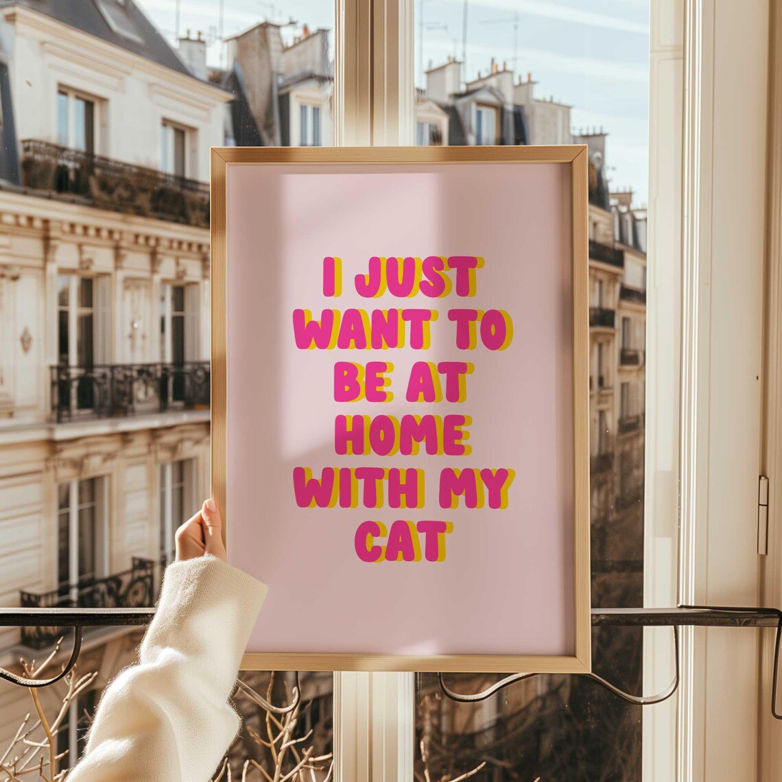 Funny I Just Want To Be At Home With My Cat Pink Quote Poster - Image 3