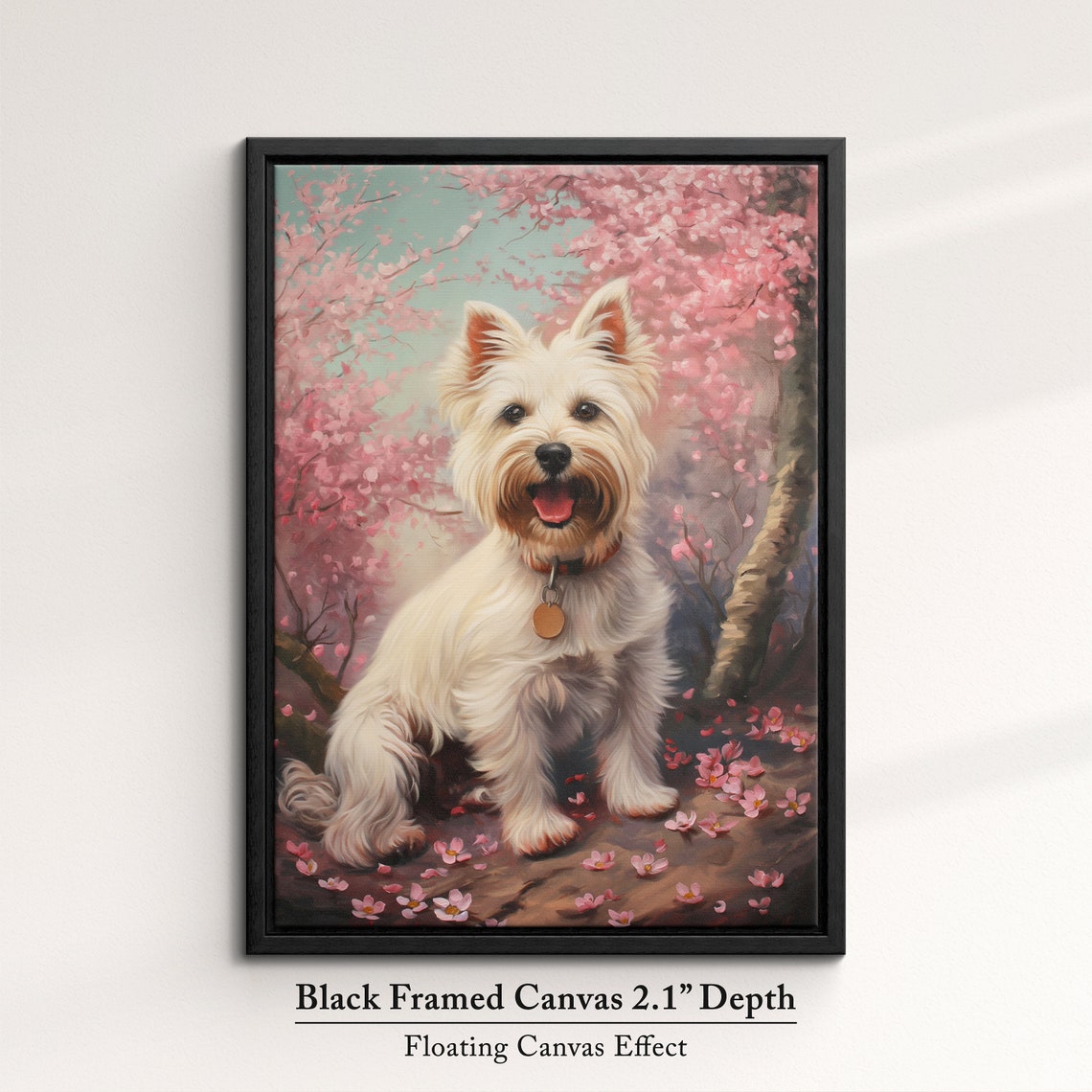 White Westie Puppy With Gold Tag In Pink Blossom Trees Art Poster - Image 2