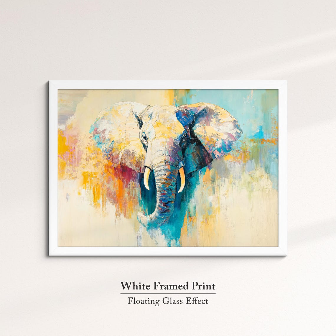 Elephant Head Abstract Oil Painting Pastel Yellow Blue Turquoise Print - Image 7