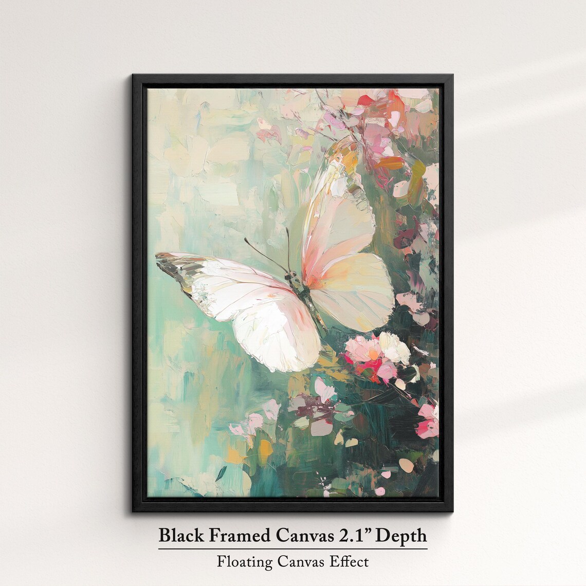 White Pink Butterfly Among Blossoms Teal Garden Oil Painting Poster - Image 2