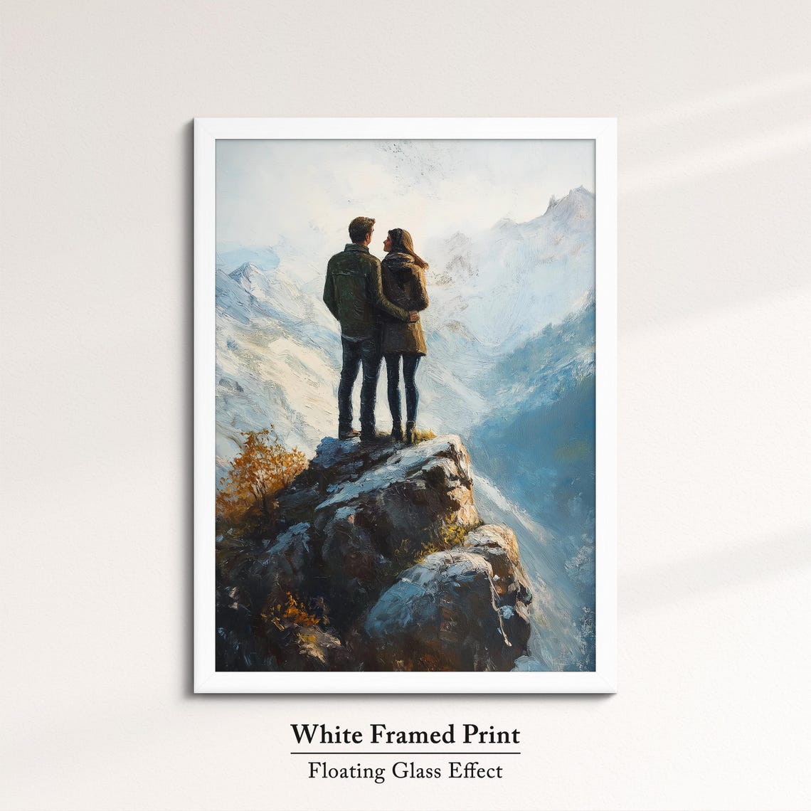 Couple Embracing On Snowy Mountain Summit Winter Romance Art Print - Image 7