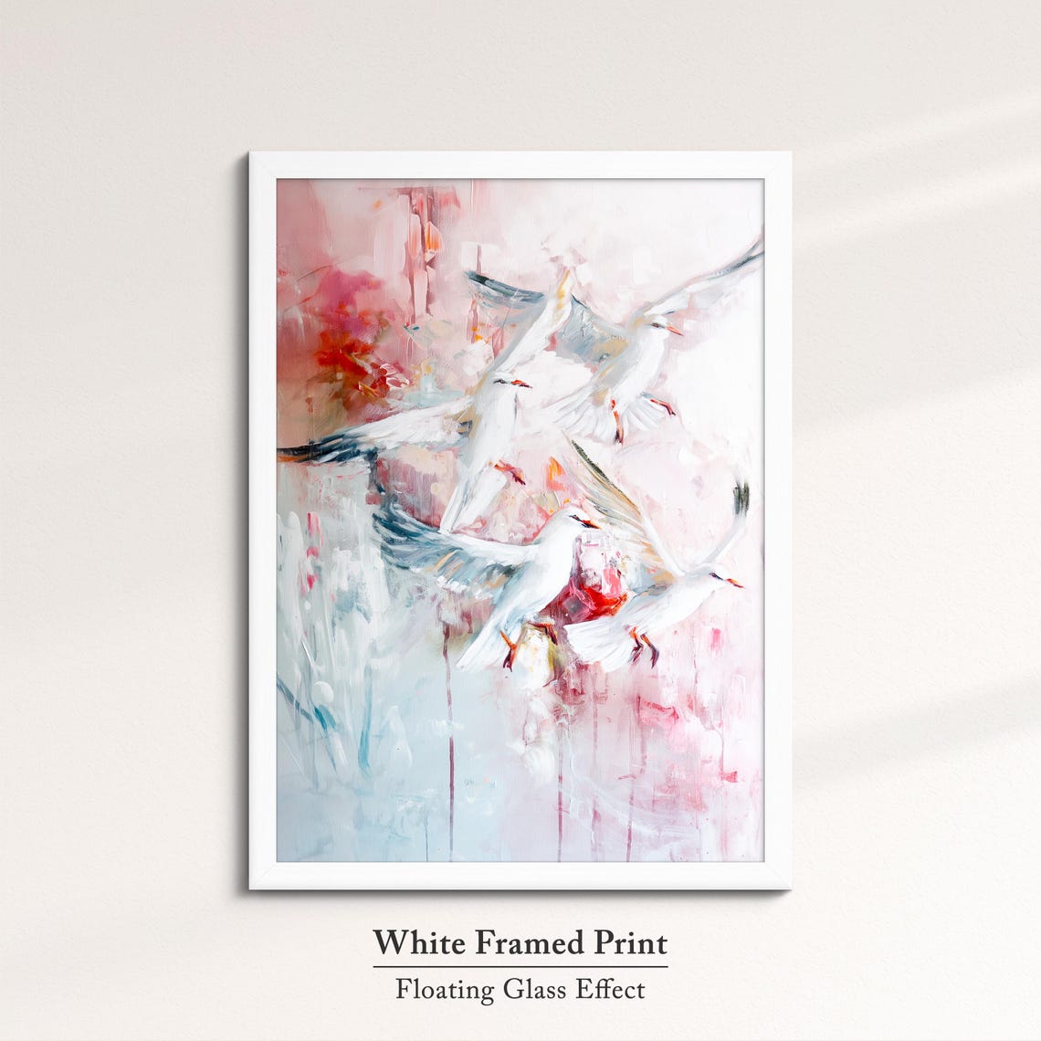 White Seagulls In Flight Pink Abstract Coastal Bird Wall Art - Image 7