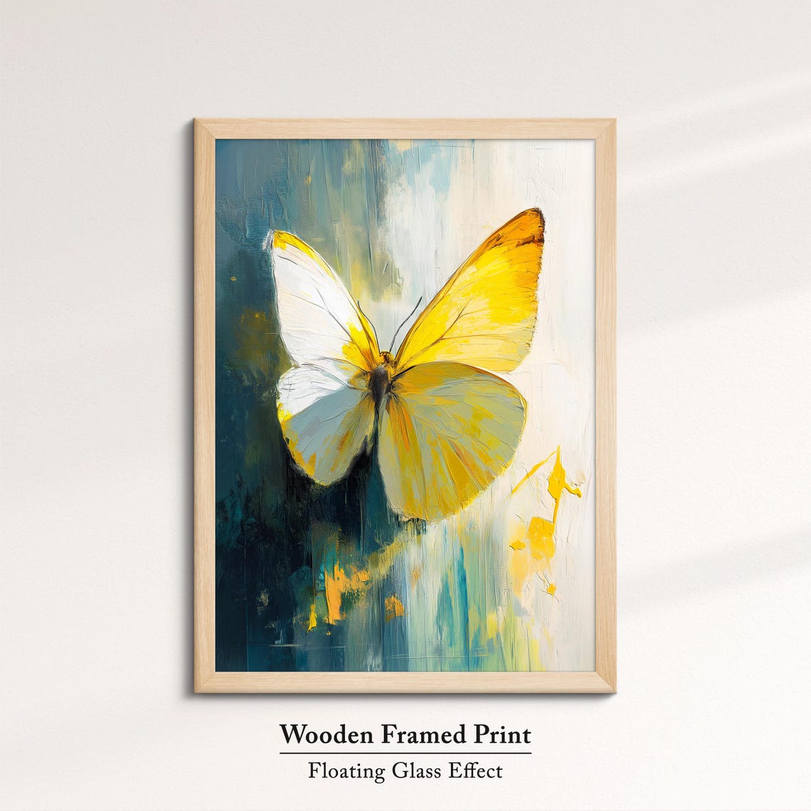 Yellow White Butterfly Large Wings Dark Teal Cream Abstract Art Poster - Image 6