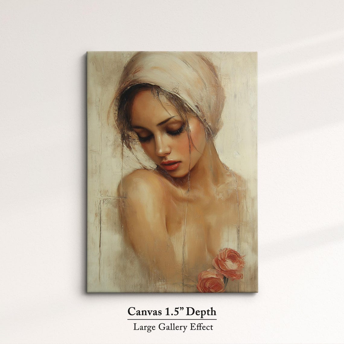 Contemplative Woman Portrait White Headscarf Roses Oil Painting Print - Image 3
