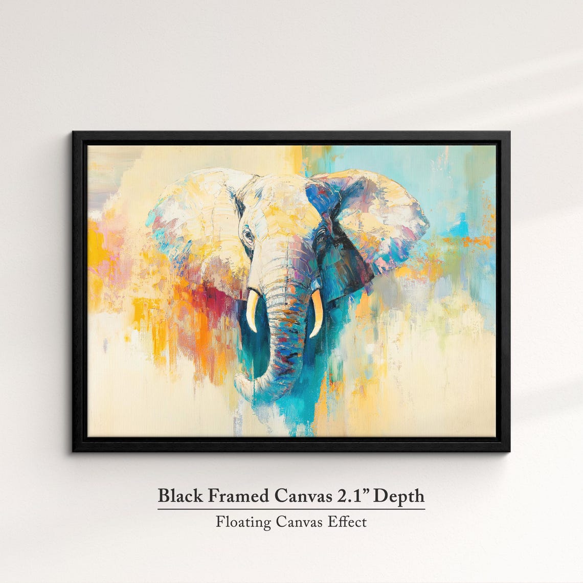 Elephant Head Abstract Oil Painting Pastel Yellow Blue Turquoise Print - Image 2