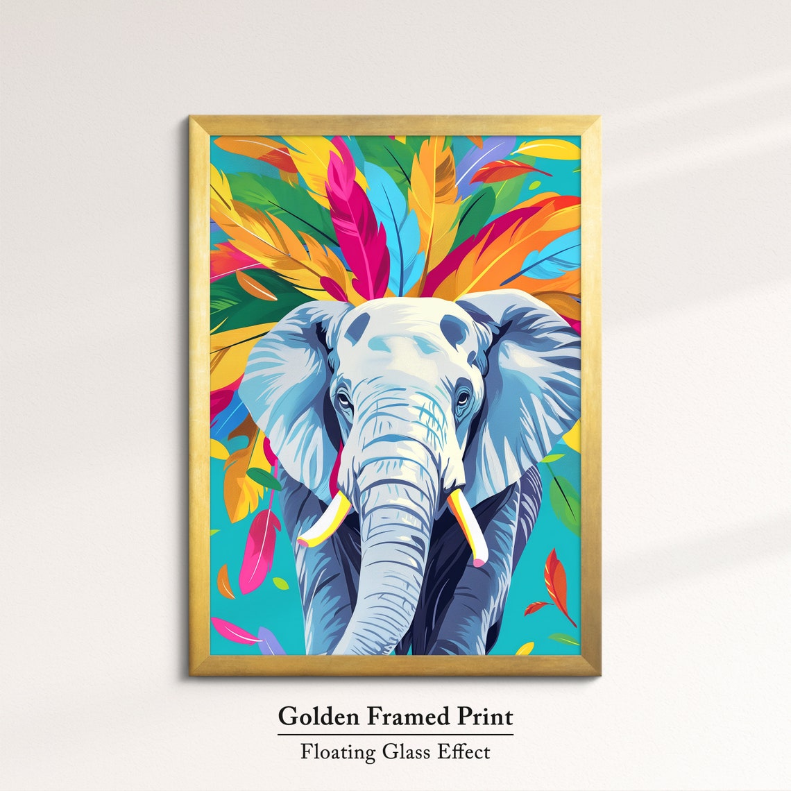 Elephant Front Portrait With Colorful Feathers Turquoise Art Poster - Image 5