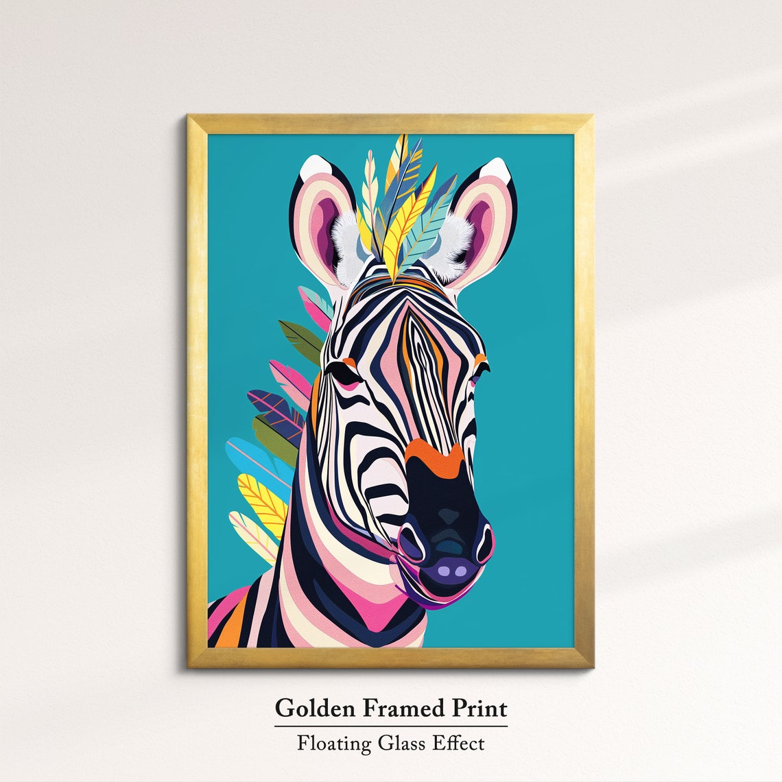 Zebra Head Portrait With Colorful Feathers Teal Background Art Poster - Image 5