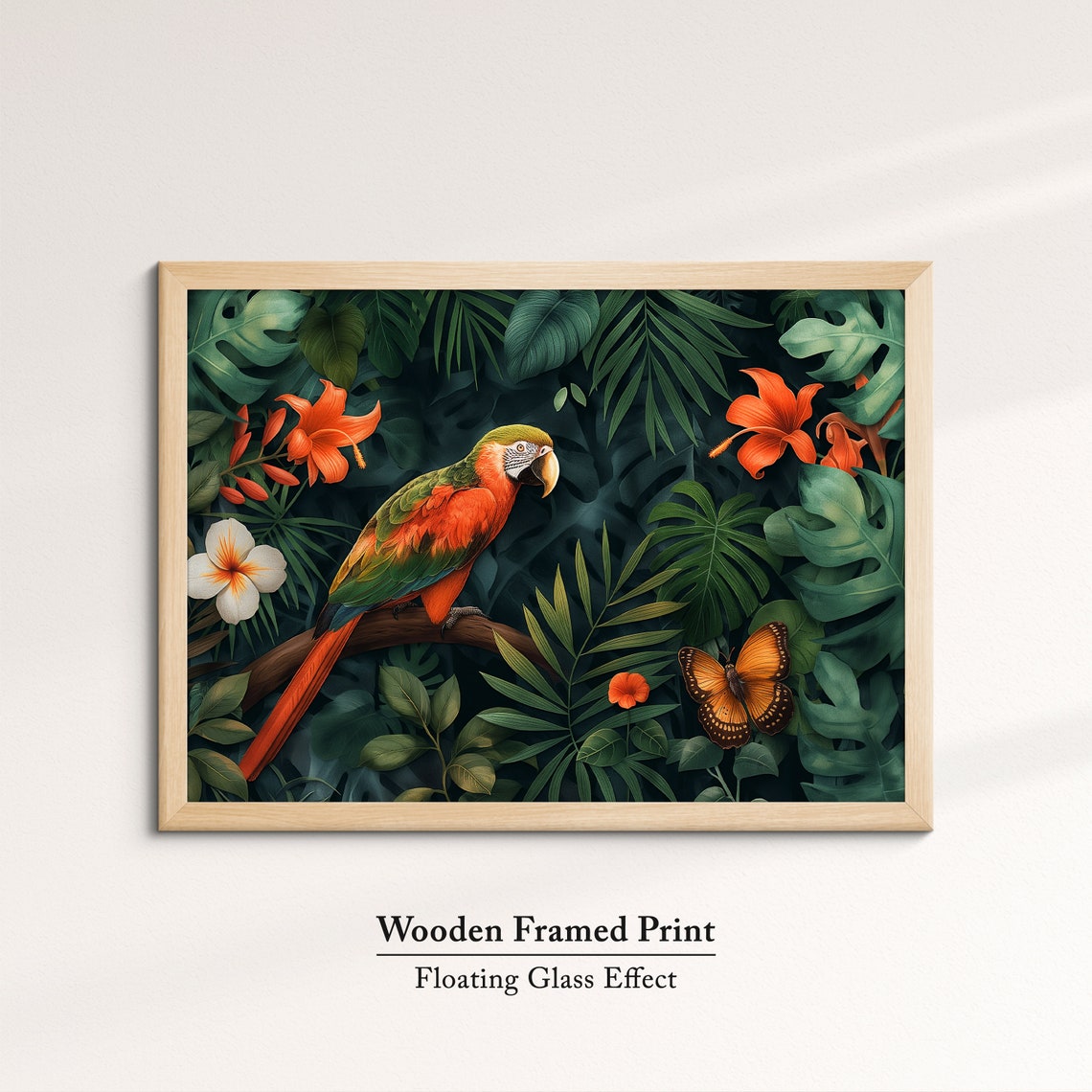 Vibrant Macaw Parrot In Lush Jungle With Butterfly Exotic Bird Poster - Image 6