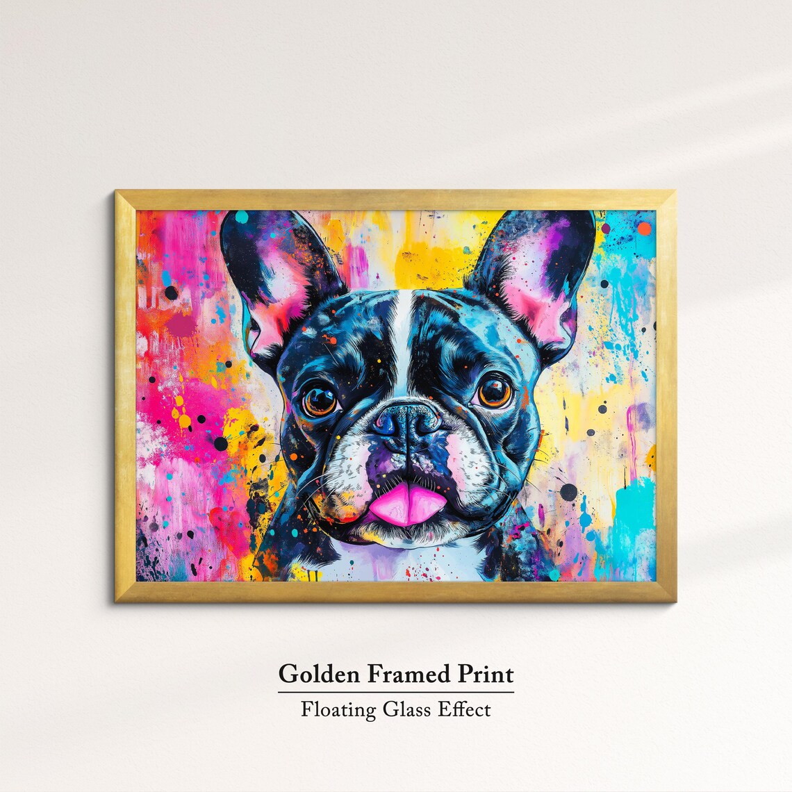 Happy French Bulldog Portrait Pink Yellow Splatter Dog Wall Art Print - Image 5