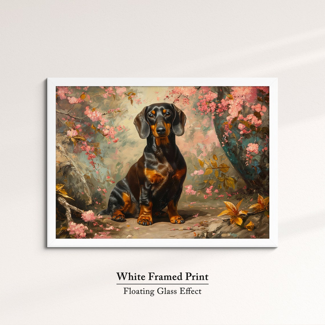 Black And Tan Dachshund In Pink Blossoms Golden Leaves Art Poster - Image 7