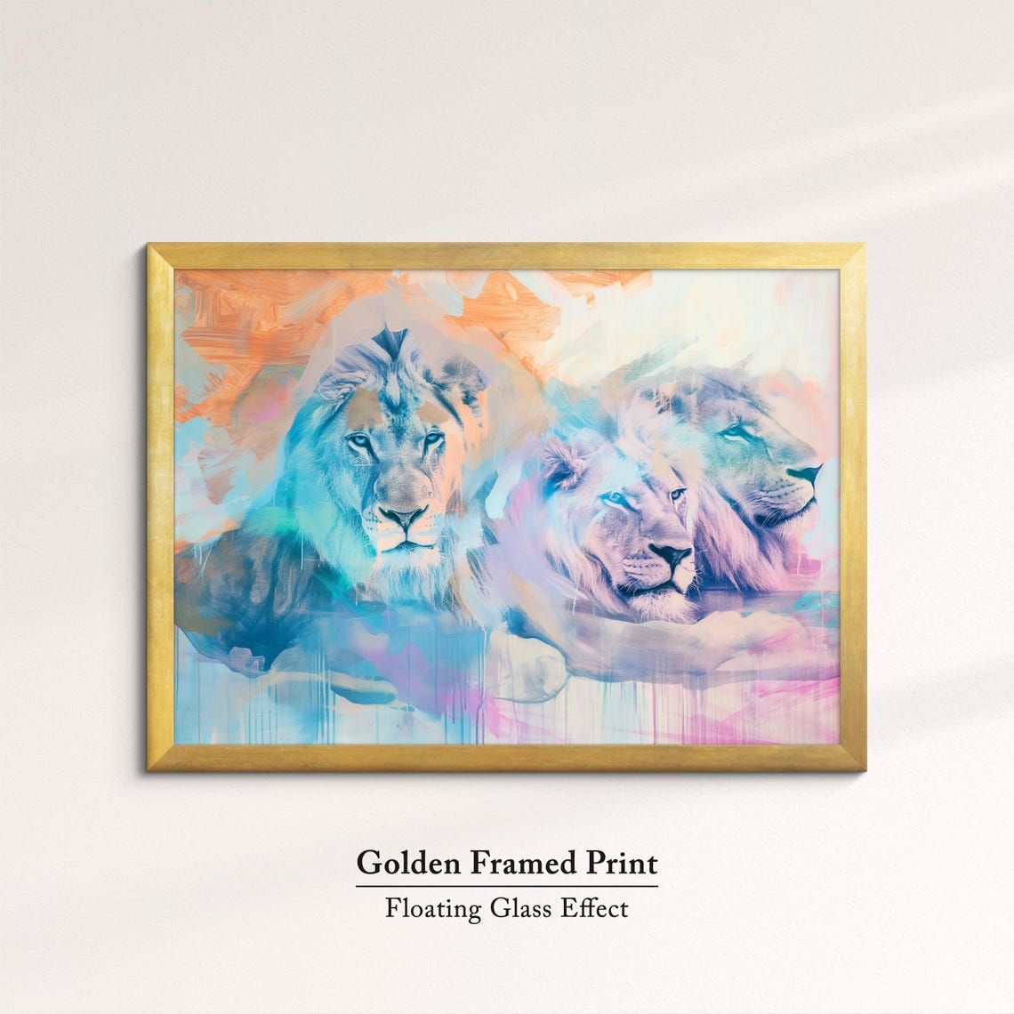 Lion Pride Trio Soft Watercolor Blue Orange Abstract Wildlife Poster - Image 5