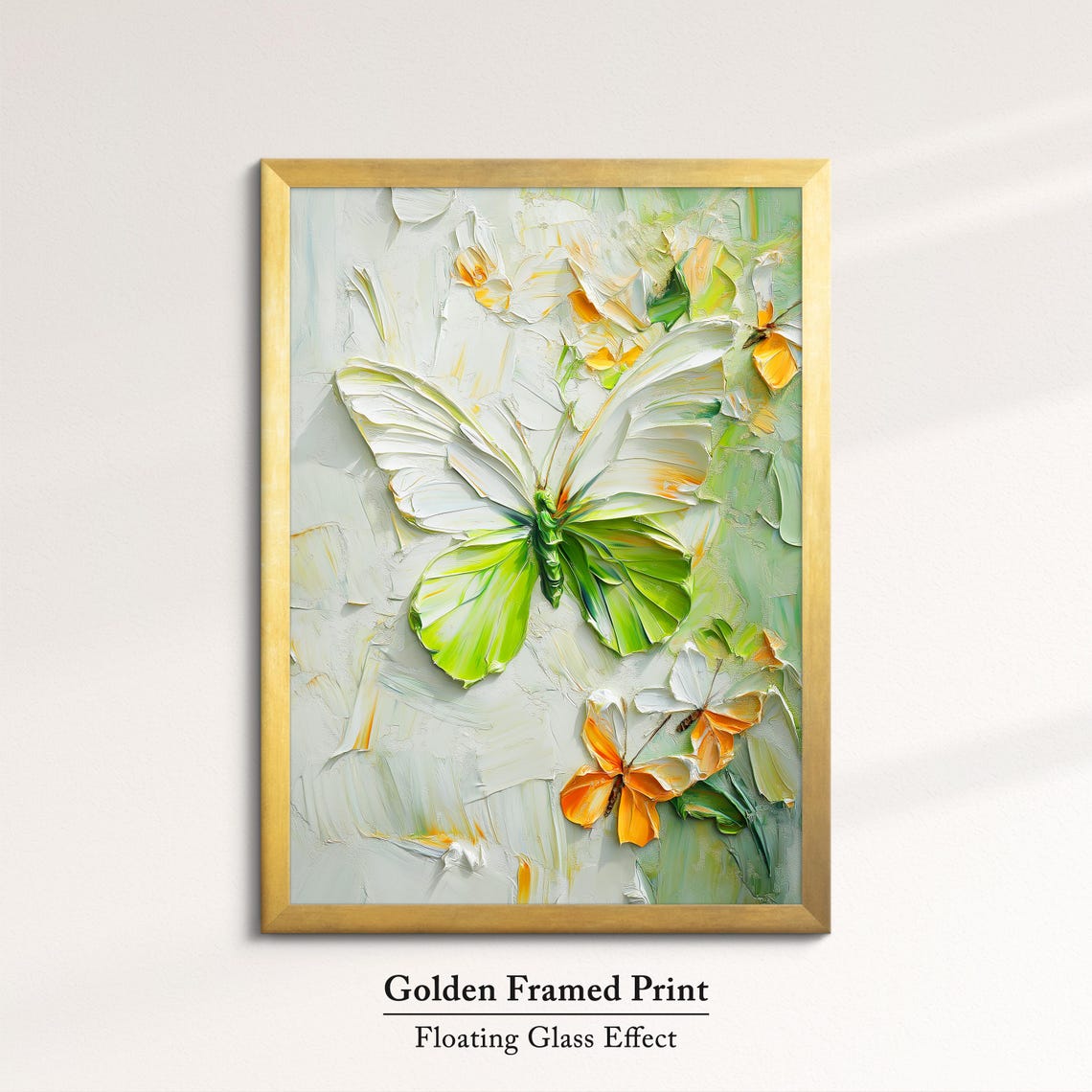 White Green Butterfly Impasto Oil Painting Nature Elegance Wall Art - Image 5