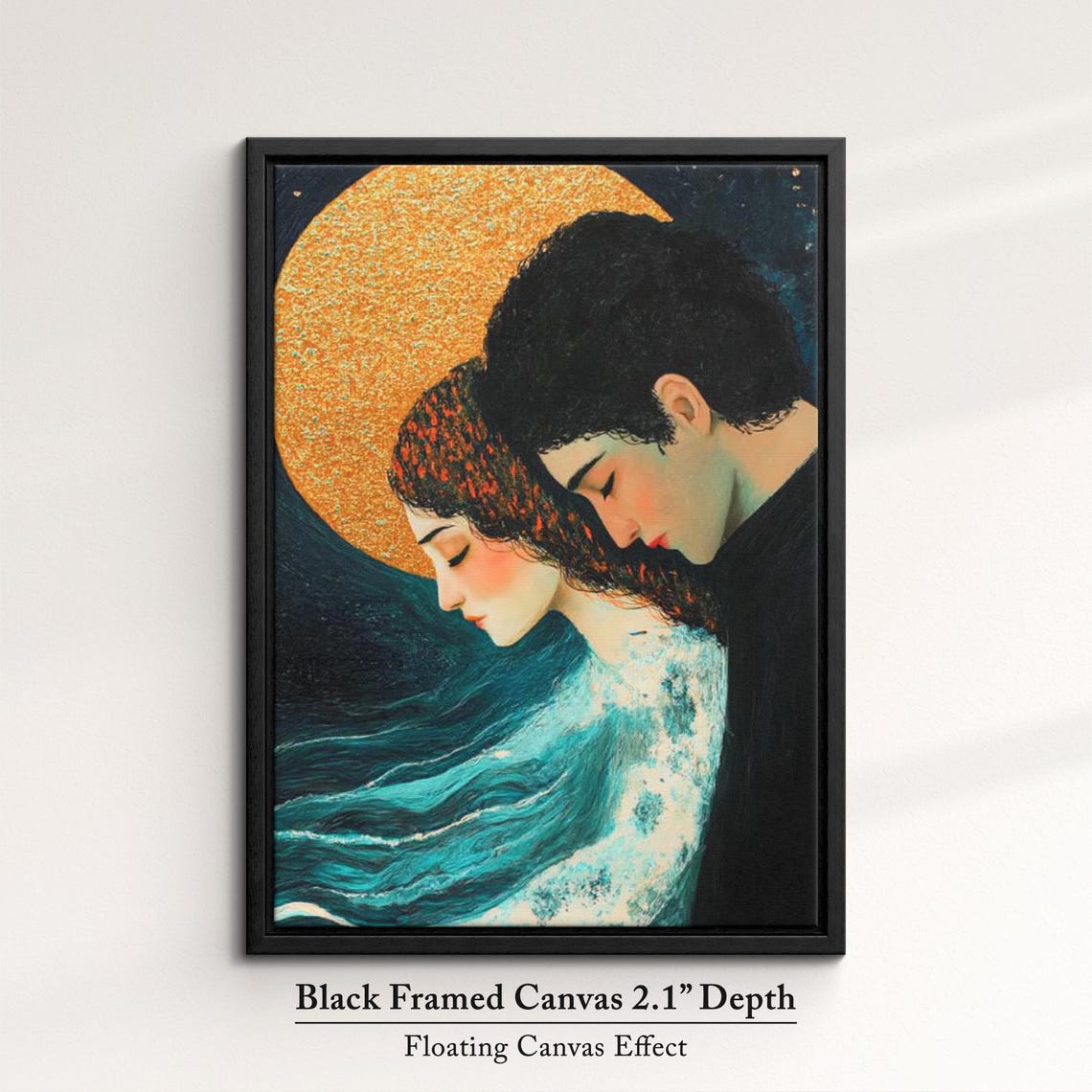 Couple Under Golden Full Moon Romantic Night Embrace Wall Art Print - Image 2