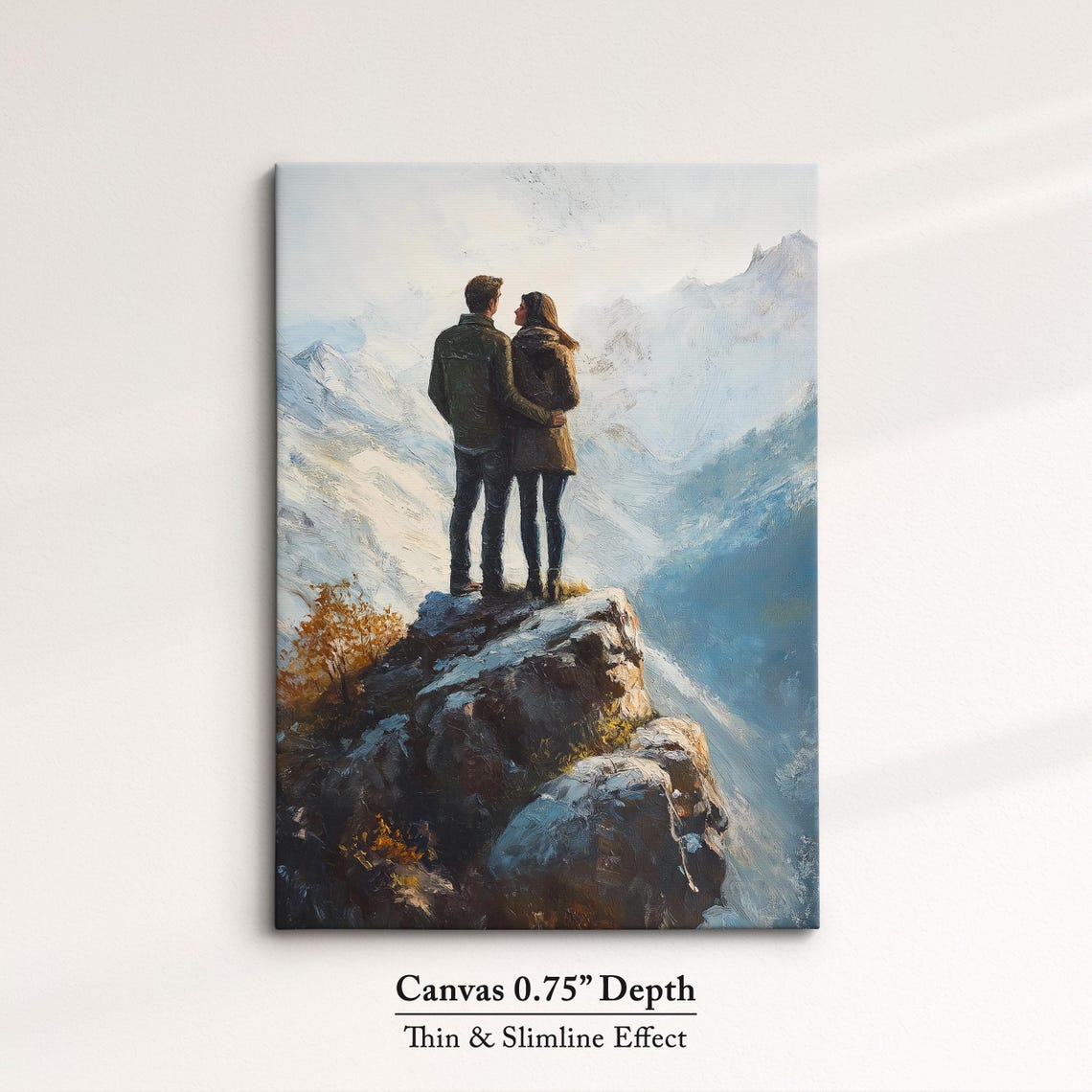 Couple Embracing On Snowy Mountain Summit Winter Romance Art Print - Image 4