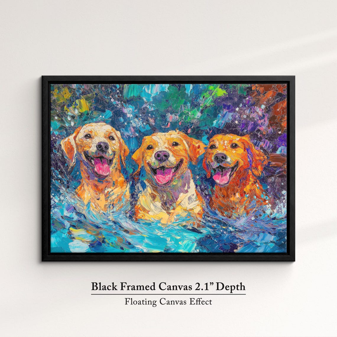 Three Golden Retrievers Swimming Joyful Blue Water Dog Art Print - Image 2