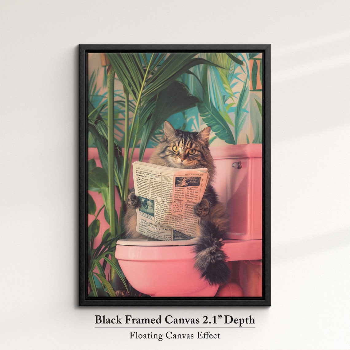 Funny Cat Reading Newspaper Pink Toilet Bathroom Quirky Wall Poster - Image 2
