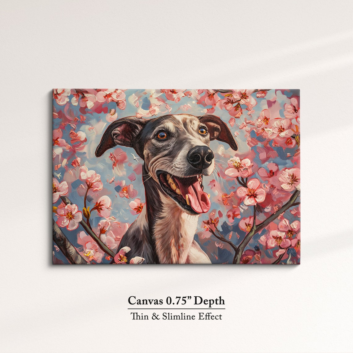 Black Greyhound Smiling In Pink Blossoms Bold Modern Pet Art Poster - Image 4