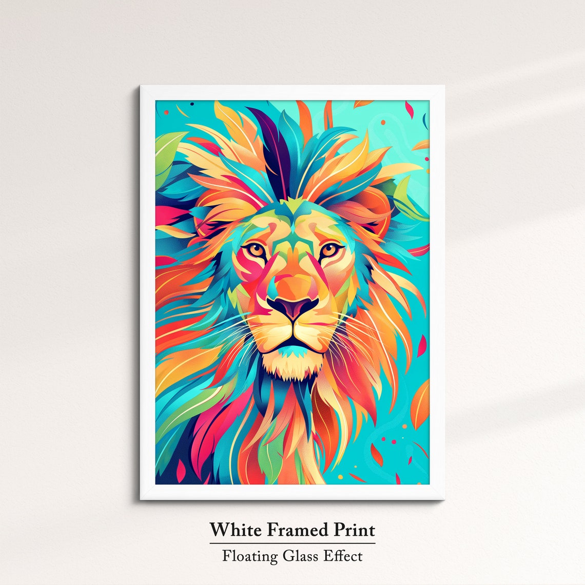 Colorful Lion Face Front Rainbow Feather Mane Teal Art Poster - Image 7