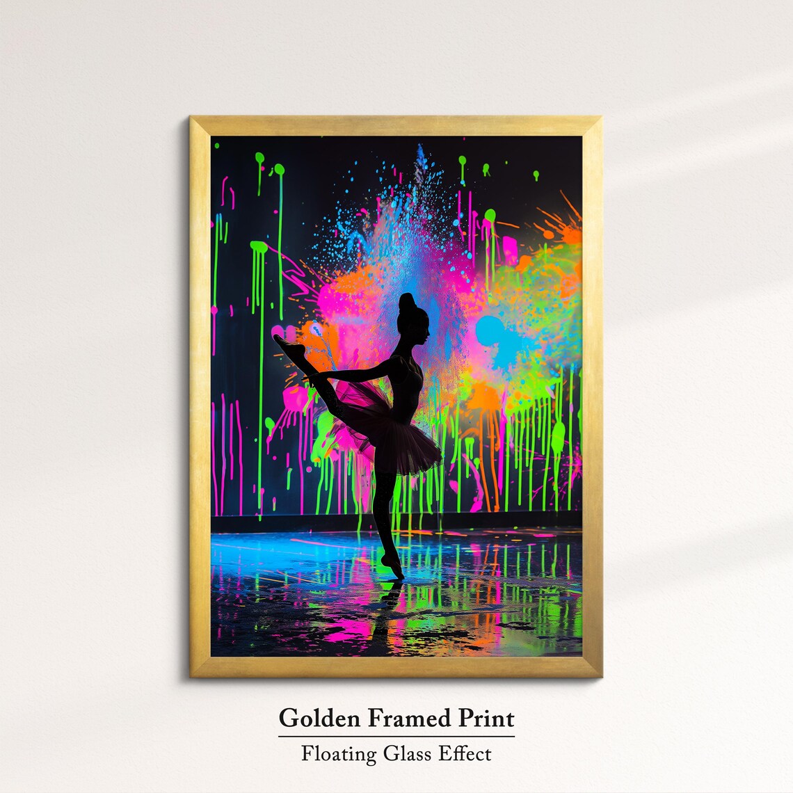 Ballerina Silhouette Neon Paint Drip Black Background Dance Wall Art Poster - Image 5