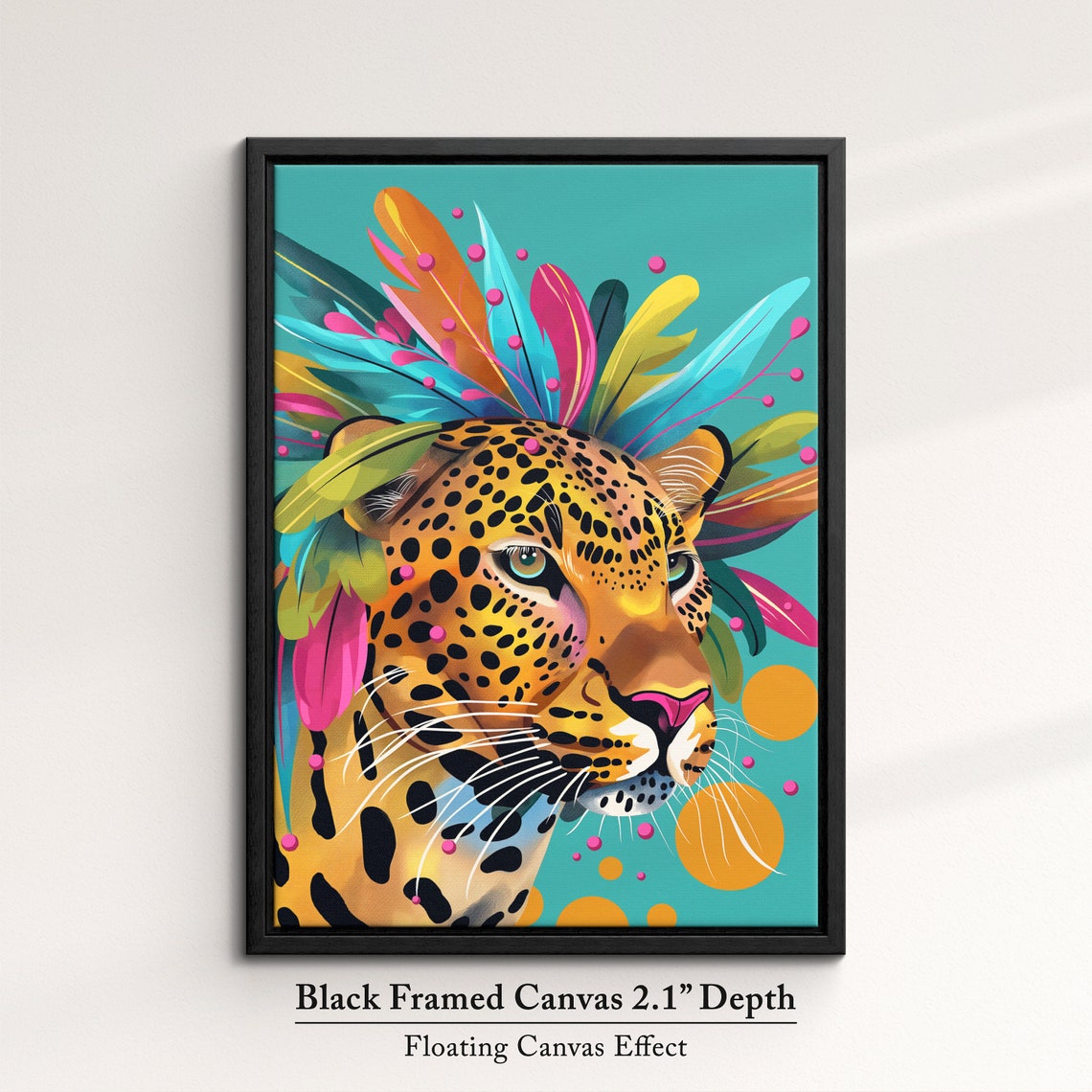 Leopard Profile Portrait With Feather Headdress Teal Art Poster - Image 2