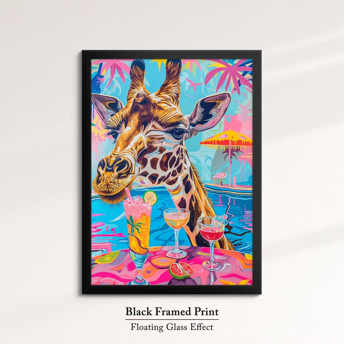 Giraffe Poolside Party Tropical Cocktails Colorful Fun Safari Art Poster - Image 8