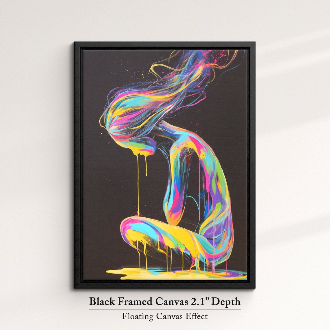 Abstract Neon Paint Woman Figure Flowing Colors Black Art Poster - Image 2