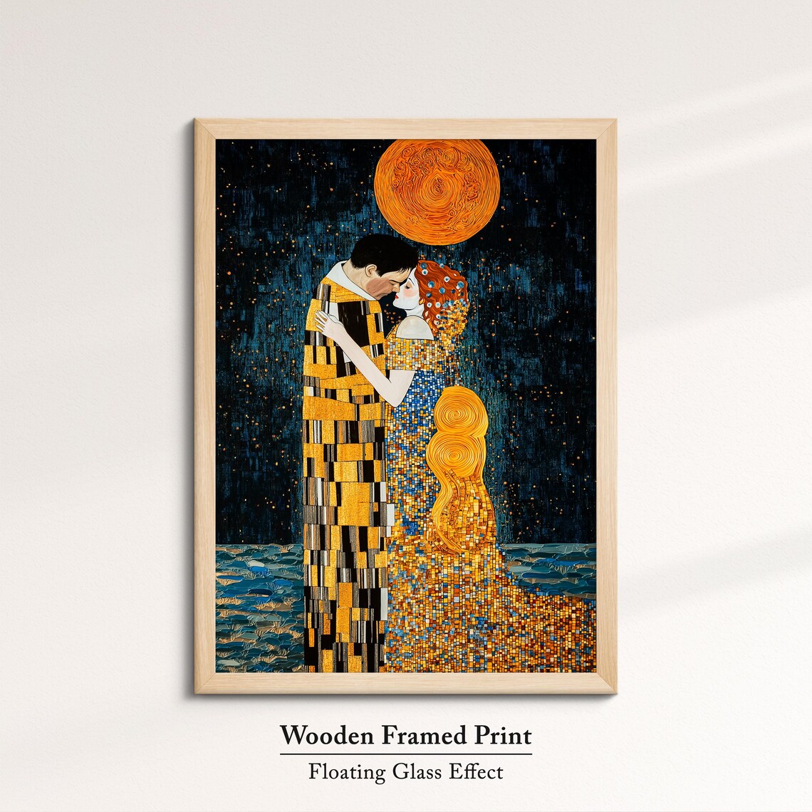 Golden Couple Embrace Klimt Inspired Mosaic Kiss Moonlight Art Poster - Image 6