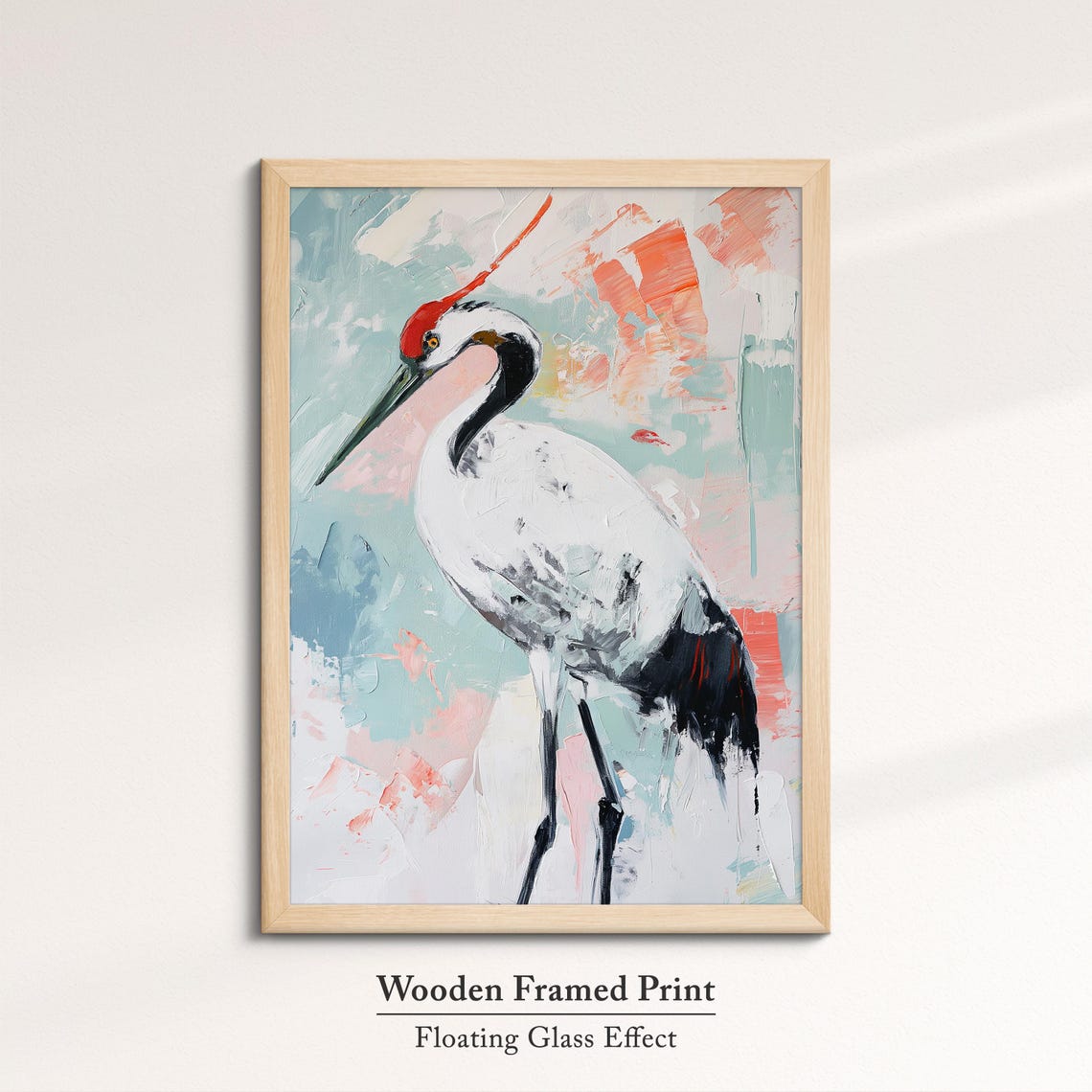 Red Crowned Crane Elegant Pastel Abstract Bird Painting Wall Art - Image 6
