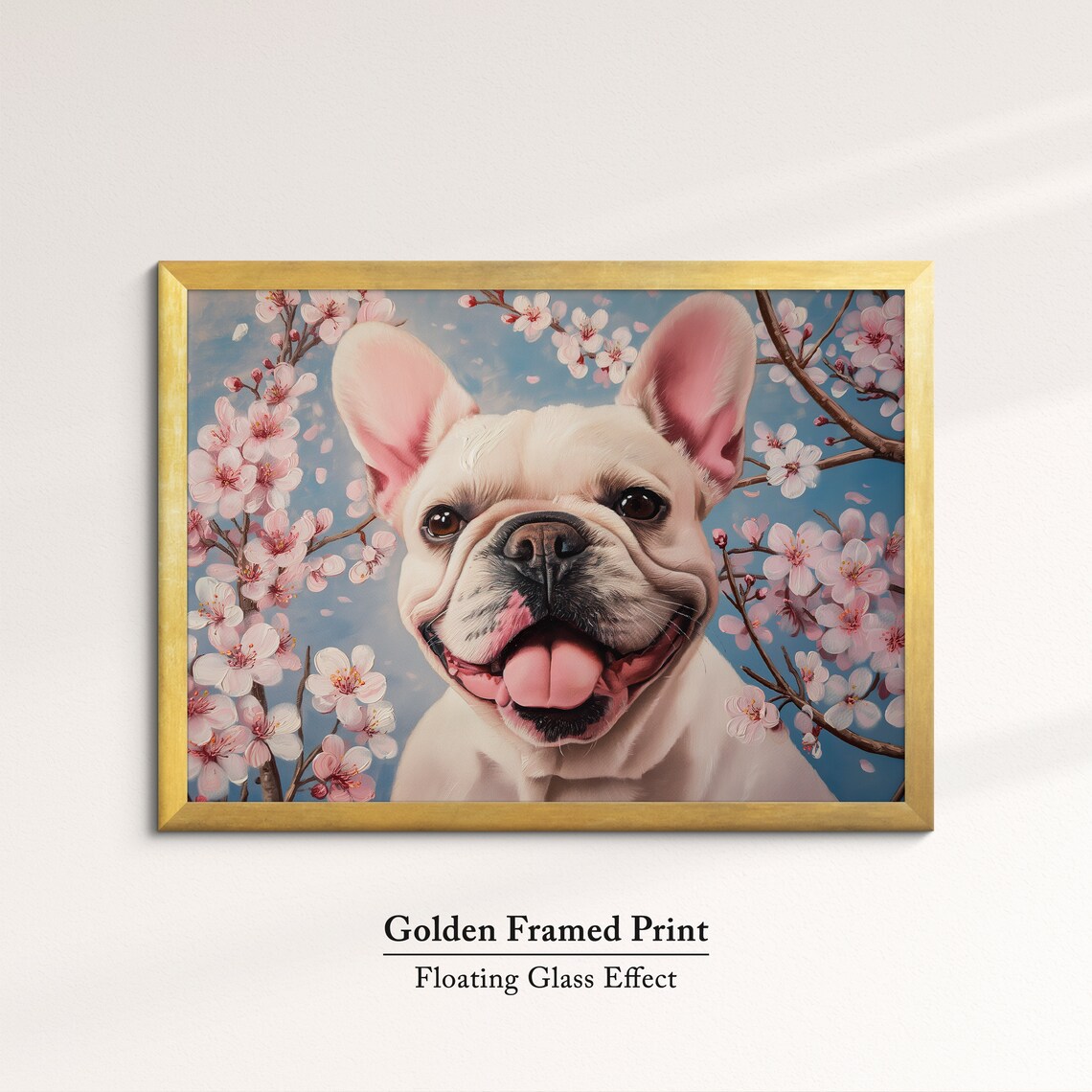 White French Bulldog Smiling In Cherry Blossoms Blue Sky Art Poster - Image 5