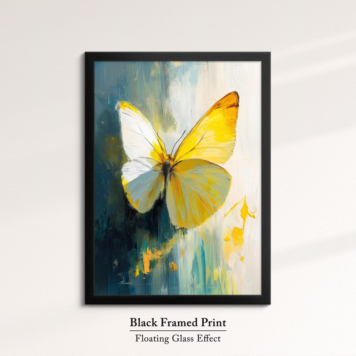 Yellow White Butterfly Large Wings Dark Teal Cream Abstract Art Poster - Image 8