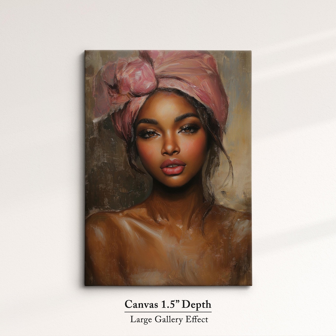 African Woman Portrait Pink Headwrap Elegant Oil Painting Wall Art - Image 3