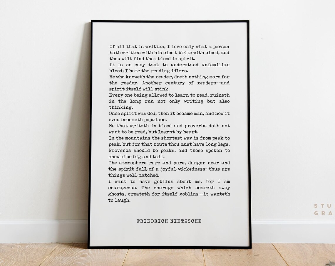 Friedrich Nietzsche Write with Blood Quote Full Text Art Print