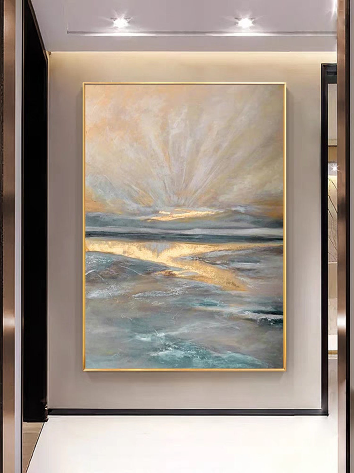 Sunrise And Lakeside Acrylic Painting Oversized Art Custom Vertical Hallway Wall Art Personal Gift Extra Large Golden Blue Abstract Painting - Image 3