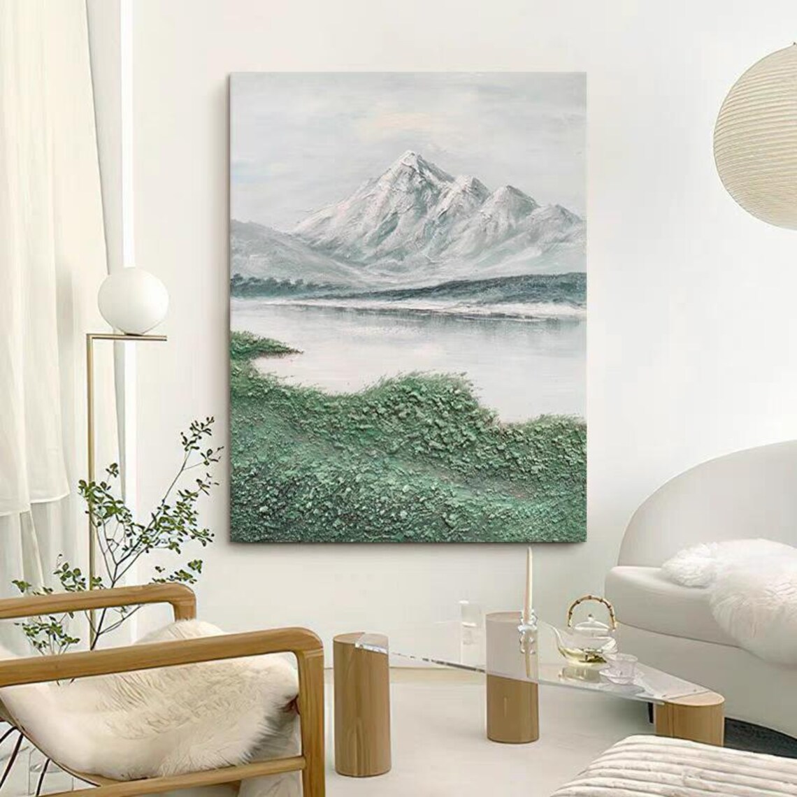 Snowy Mountain Peak over Misty Lake with Green Grass Art Poster - Image 4