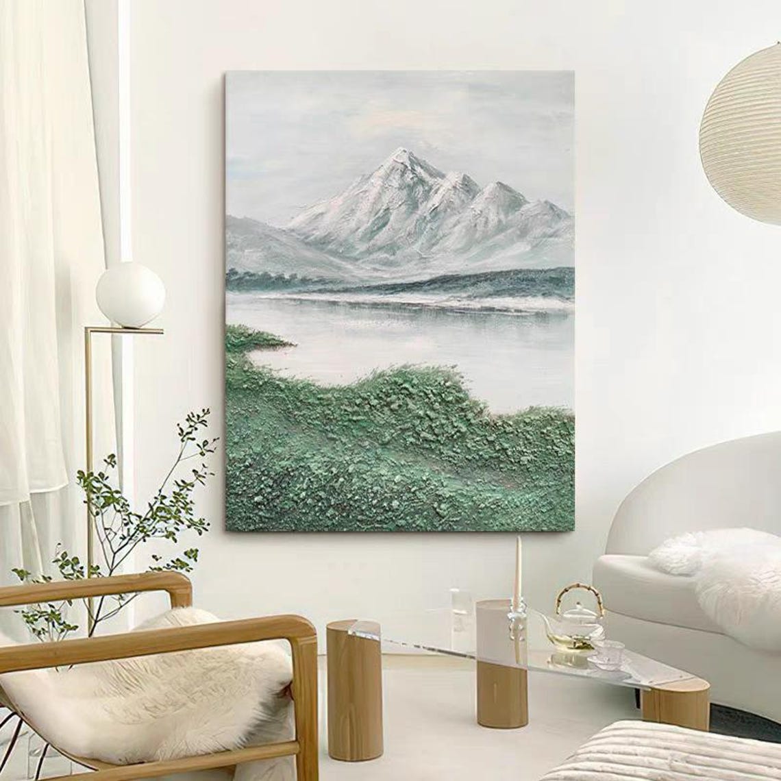 Snowy Mountains Painting Large Size Lakeside Artwork Green Grass Thick Textured Oil Art Portrait Oversized Living Room Wall Decor - Image 4