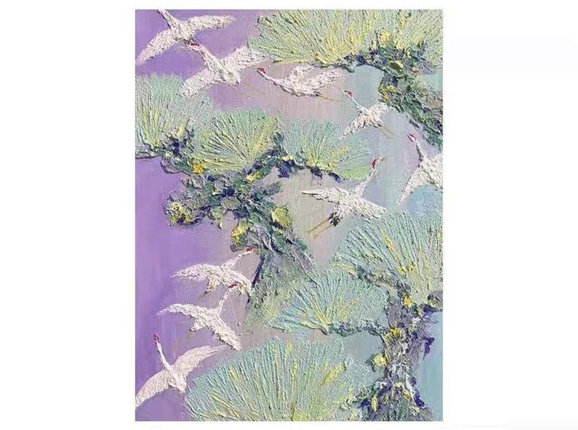 White Cranes Flying Over Pine Trees on Purple Sky Art Poster - Image 3